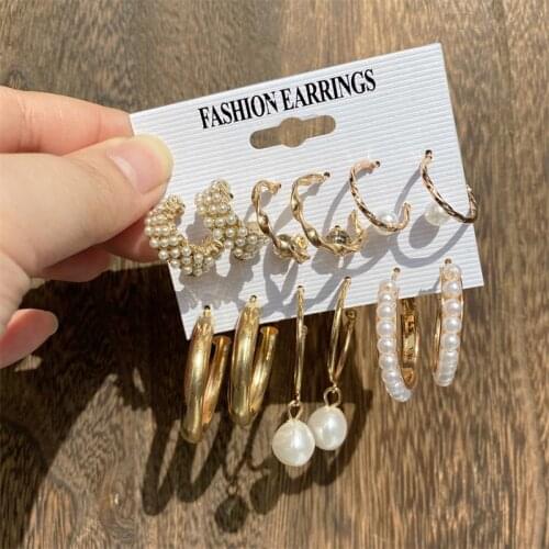 Fashion Pearl Hoop Earrings Set For Women Geometirc Gold Color Metal Circle Hoop Earrings Brincos 2021 Trend Jewelry Gift