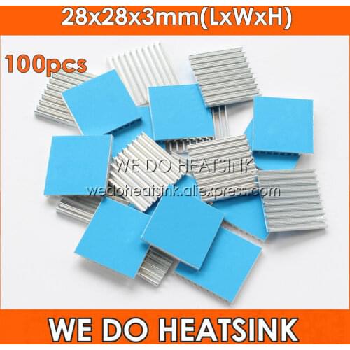 WE DO HEATSINK 100pcs 28x28x3mm Aluminum CPU IC Heatsink Cooler With Thermally Conductive Adhesive Transfer Tape