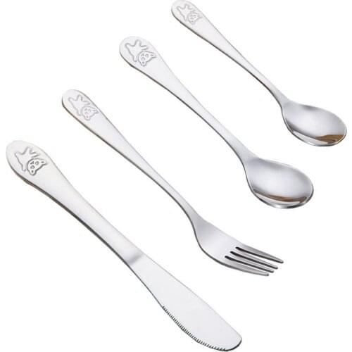 4pcs / set Utensils Set Fork Knife Teaspoon Spoon Food Baby Feeding Children Learning Food Habit Kids Stainless Steel Cutlery