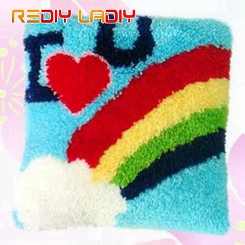 Latch Hook Kits Rainbow Love Cushion Cover Pre-Printed Canvas DIY Yarn Crochet Crafts Pillow Case Size 43x43cm Sofa Bed Pillows