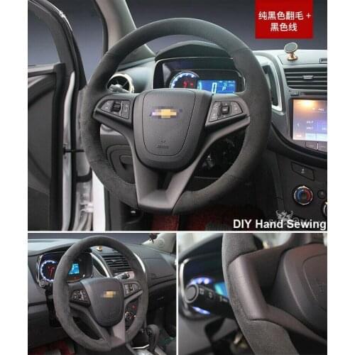 For Chevrolet Trax Hand-stitched Black Suede Steering Wheel Stitch on Wrap Cover Anti-slip fit all season