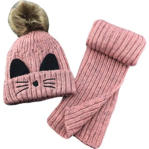 New Autumn Winter Baby Fleece Knit Hat Scarf Set Kids Cute Cat Thickened Beanies Scarf Boys Girls Cotton Warm Caps 2 Pieces Set