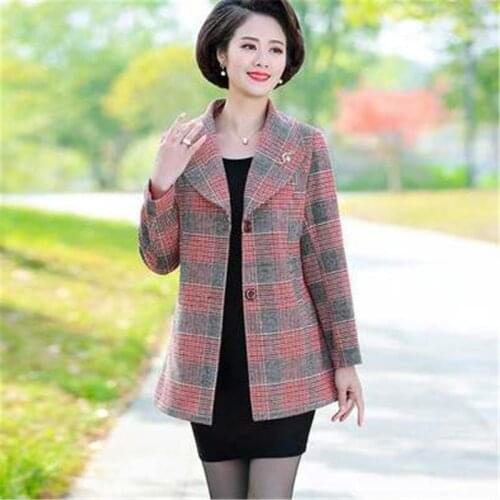 2021 Spring Autumn Fashion New Middle-Aged Womens Clothing Lapel Long Sleeve Thin Style Temperament Plaid Suit Jacket Trend