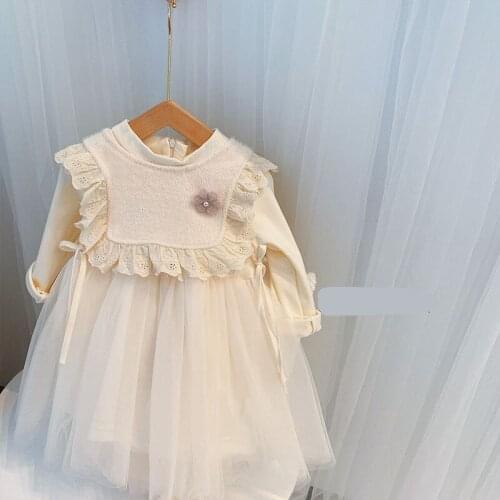 Baby Girls Long Sleeve Dress Cute Mesh Stitching Dress Lace Vest 2pcs For Girl Kids Princess Dress 2-6 Y Toddler New Style Dress