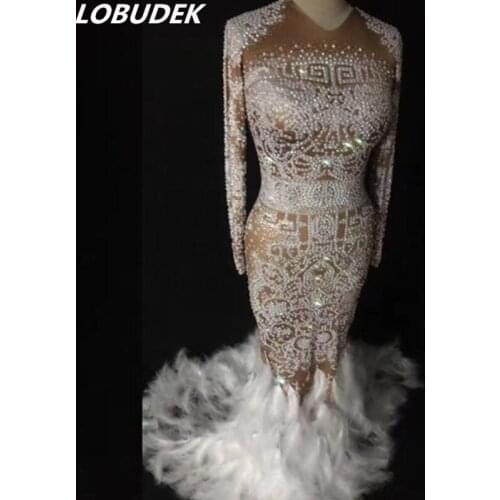 White Feather trailing Dress Bright crystals Female costumes sexy one-piece Tuxedo dress DJ DS show Singer Dance Nightclub star