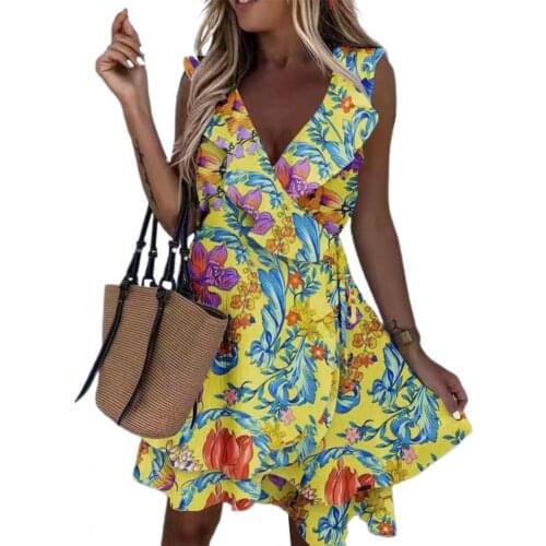 Elegant Dress Summer Female V Neck A-Line Sexy Ladies Sleeveless Floral Print Mini Dress Beach Vacation Outdoor Sundress