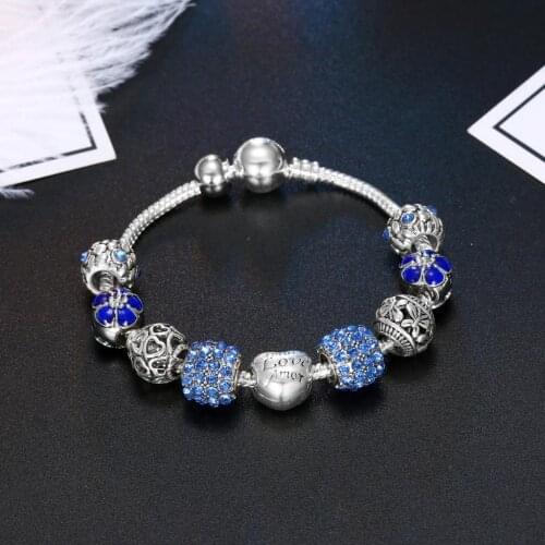 Silver Plated Charm Bracelet and Bangle with Love Flower Beads Womens Wedding Jewelry 4 Colors 19cm
