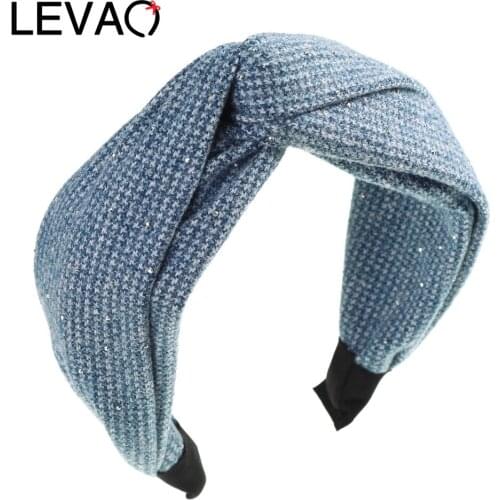 LEVAO Fashion Women Wide Side Hairband Shiny Small Rhinestone Cross Headband Solid Color Headwear Hair Accessories Autumn Winter