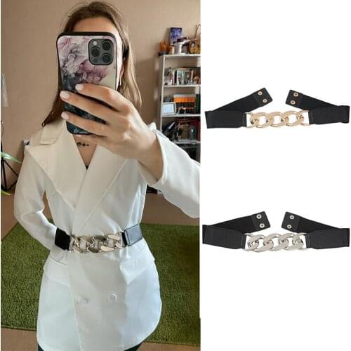 Fashion Metal Elastic Belt Women Gold Silver Buckle Chain Belt Female Lady Dress Coat Waistband Cummerbund