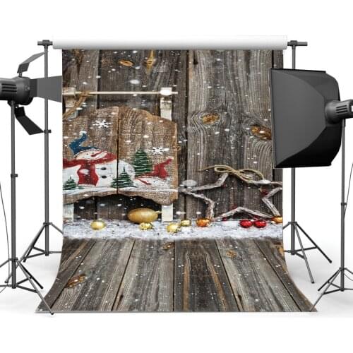 Christmas Backdrop Snowman Golden Balls Heavy Snow Sleigh Falling Snowflakes Vintage Stripes Wood Plank Photography Background