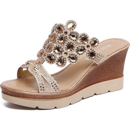 Wedges Shoes Women Summer Peep Toe Breathable Beach Sandals Rhinestone Slip-On Wedges Shoes Sandals Mujer 2020 New