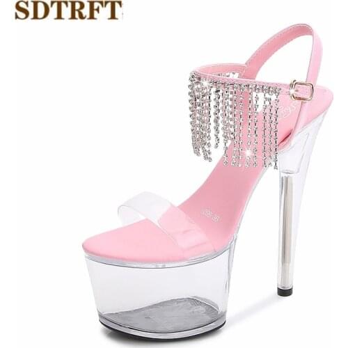 SDTRFT Transparent Stilettos zapatos mujer 13 15 17cm thin heels platform diamond Tassels sandals shoes woman Party Dance pumps