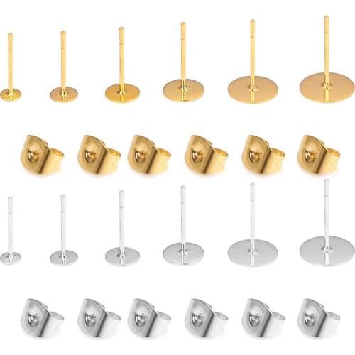 50pcs/Set 3 4 5 6 8mm Stainless Steel Earrings Posts Backs For DIY Stud Earrings Jewelry Making Findings Gold Silver Color