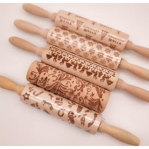 Christmas Embossed Carved Solid Wooden Rolling Pin Baking Cookies Fudge Cake Dough Carved Wood Roller Elk Snowflake Baking Tools