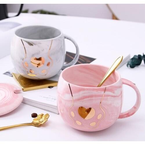 Super cute Mug Nordic creative cats paw ceramic cup woman with cover spoon marble water cup tea cup lovers cup