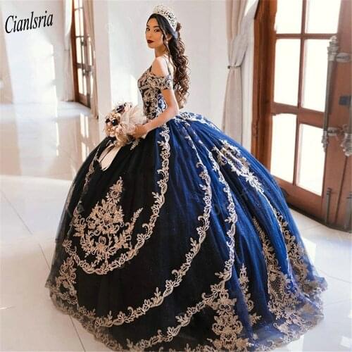 Dark Navy Spaghetti Strap Short Sleeve Ball Gown Quinceanera Dress Appliques Lace Tiered Skirt Sweet 16 Prom Party Dress