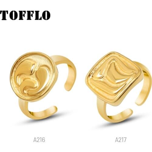 TOFFLO Stainless Steel Jewelry Geometric Round Square Ring Three Dimensional Carving Fashion Ring BSA216