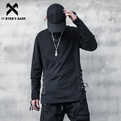 11 BYBBS DARK Elastic Drawstring Sweatshirts Pullover Black Harajuku Hip Hop Streetwear Men Thin Hoodies Autumn Cotton Tee Tops
