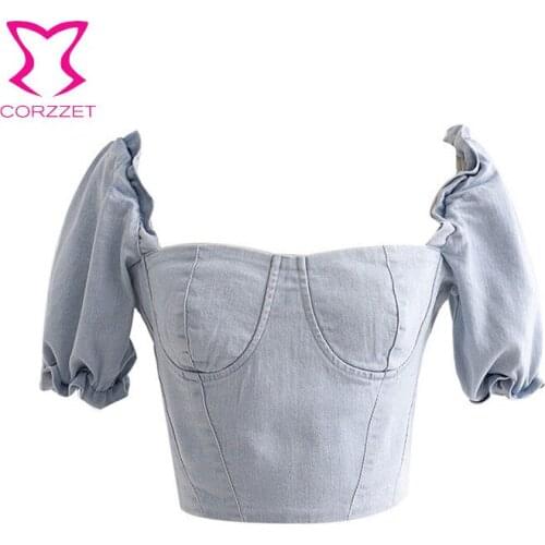 Summer New Double Denim Puff Sleeve Top With Square Collar Short Navel Cropped Tight Zipper Denim Stretch Top Costume For Woman