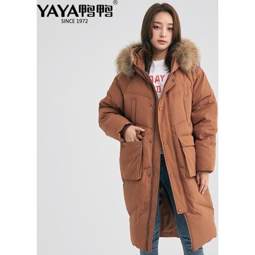 YAYA Winter Women High Quality Curved Real Fur Collar Down Jacket Casual Female Solid Color Zip Caramel Blue Plus Size Coat