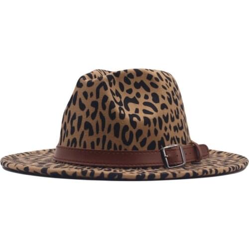 2021 New Fashion Outer Leopard Inner Red Patchwork Women Fedoras Top Jazz Felt Wide Brim Hats Unisex Panama Wool Felt Fedora Hat