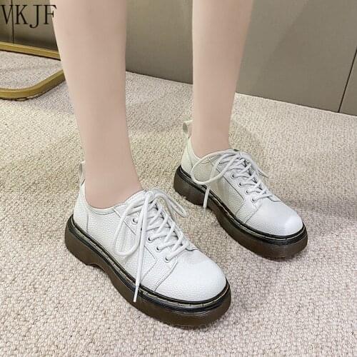 Spring Autumn Women White Oxford Shoes Platform Casual Shoes Black Lace Up Leather Shoes Sewing Round Toe Zapatos Mujer 2021