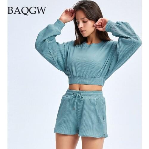 Womens Tracksuit Casual Fashion Long Sleeve Crop Top and Biker Shorts Spring Autum Workout Sweat Suit Two Piece Matching Set