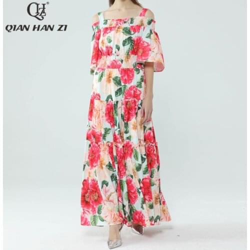 Qian Han Zi runway summer long dress Women Sexy Slash neck dress Off the Shoulder print elastic waist slim elegant maxi dress
