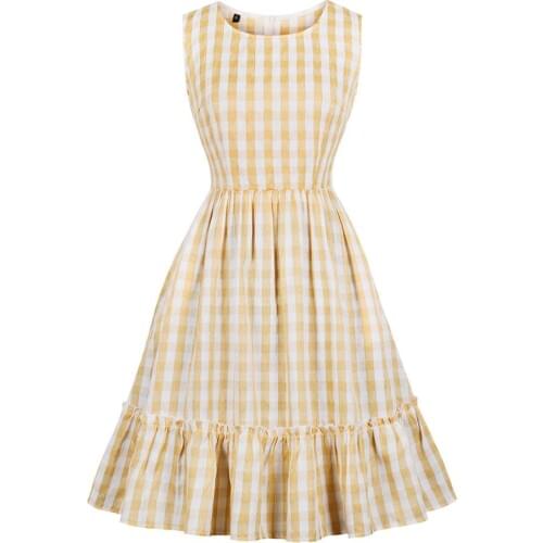 2019 Summer Women Cotton Plaid O-Neck High Waist Dress Retro Vintage Fashion spaghetti straps Beach Checkered Casual Dresses