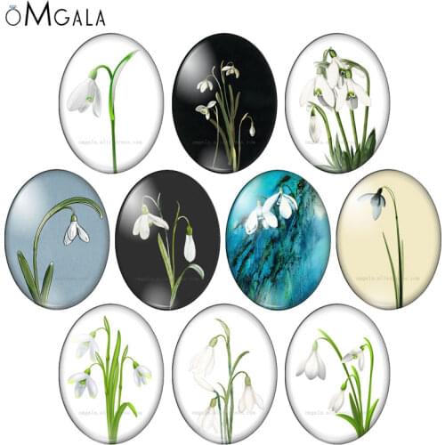 Snowdrop flower Paintings 10pcs 13x18mm/18x25mm/30x40mm Oval photo glass cabochon demo flat back Making findings
