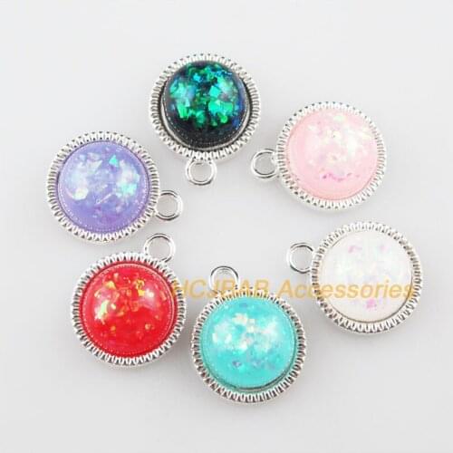 18 New Round Flower Resin AB Shivering Mixed Charms Silver Plated 12.5x15.5mm