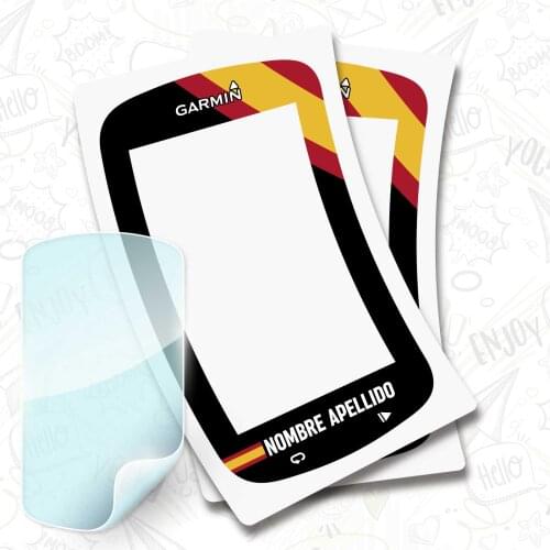 2 X flag stickers Spain name on vinyl for GARMIN 1000 + PROTECTOR hydrogel bike BTT bike customizable