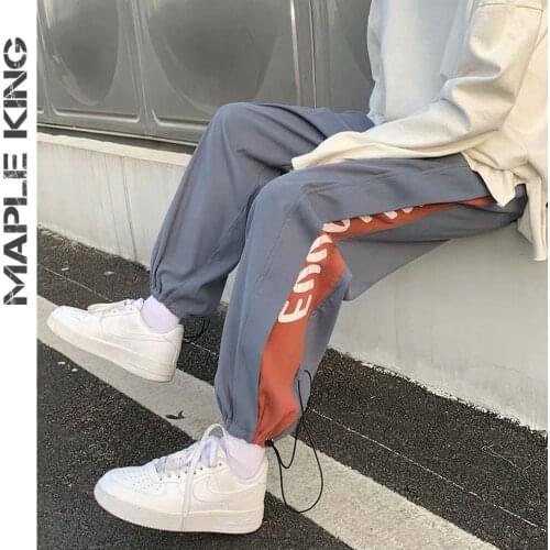 Mens Wide Leg Pants Harajuku Straight Letter Print Patchwork Color Loose Ankle-length Trousers Couple Hip Hop Pantalones Hombre