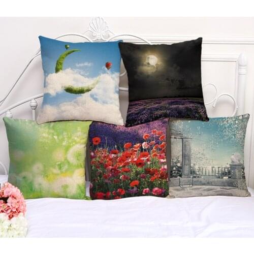 Decorative Pillow Cushion Case Sunflower Nature Scenic Pillowcase 17.5 Inch Cotton Linen Chair Seat Throw Pillow Cover F1005