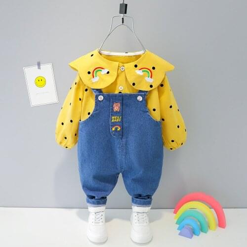 Girl baby clothes autumn denim overalls suit girls cartoon polka dot lace shirt girls clothes fashion denim overalls 2-piece set