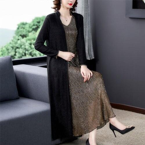 Elegant Ladies Two Piece Outfits 2021 Autumn New Fashion Cardigan Shawl Knitted Outerwear Tank Vest Dress And Jacket Set M681