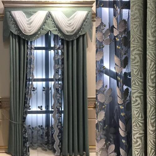 European Blue Velvet Embroidery Curtains for Living Dining Room Bedroom