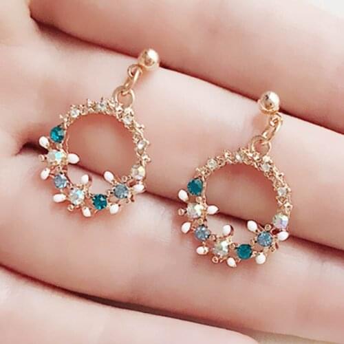 Korean Style Exquisite Colorful Rhinestone Wreath Stud Earrings For Girl Sweet Small Simple Circle Flower Zircon Earring Jewelry
