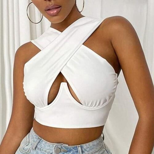 Womens Criss Cross Tank Tops Sexy Sleeveless Solid Color Cutout Front Crop Tops Party Club Streetwear Summer Female Tops