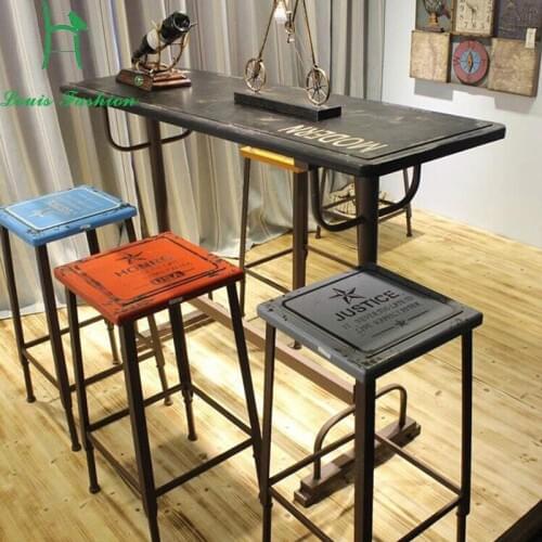 Louis Fashion Bar Chair and Bar Table Set American Rural LOFT Retro Do Old Iron High Foot Multi Color