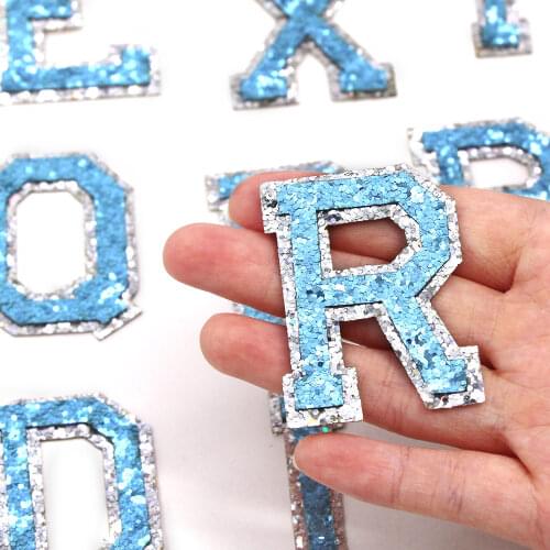 1Pcs Glitter Blue English Letter Patches Sequins Patch Iron On Patches Appliqued Clothes Stickers For Coats Pants DIY Name