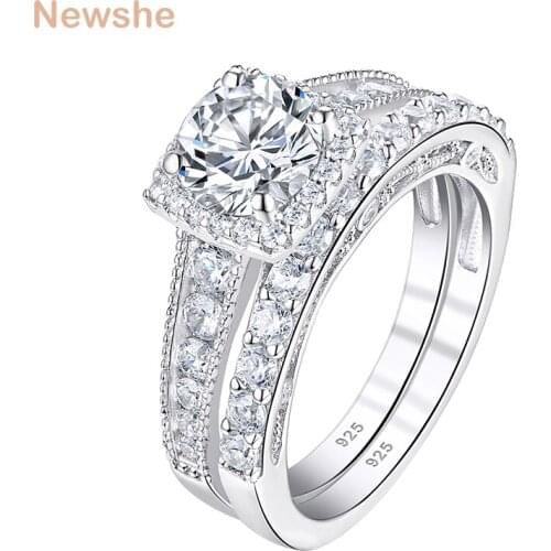 Newshe Classic Wedding Rings Set Solid 925 Sterling Silver Brilliant Round Cut AAAAA Cubic Zircon Engagement Ring For Women