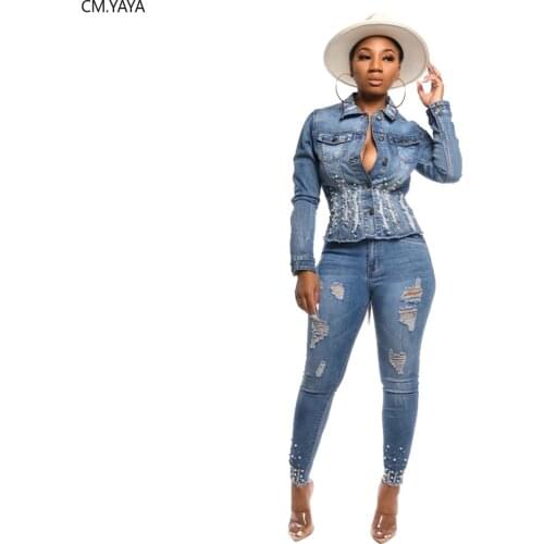 New Winter Women Fashion Solid Pearls Denim Coat Turn-down Collar Long Sleeve Slim Frayed Coat Fashion Jackets SMR9511