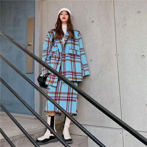 Autumn Winter Female Fashion Casual Blue Plaid 2 Piece Set Vintage Long-sleeve Minimalist Woolen Top Overcoat+Mid Skirt