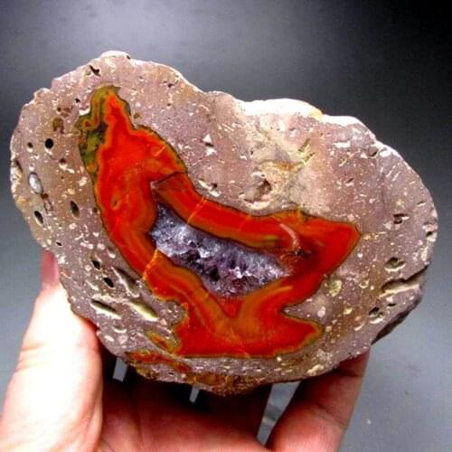 573g 110mm Polished Xuanhua Agate/Amethyst Thunderegg Half "Bird" Geode China