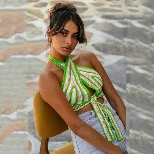 Striped Knitted Bandage Halter Top Women Backless Sexy Tanks Cropped Tops Summer Fashion Beach Crochet Bikini Top Camis Swimsuit