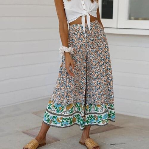 Casual wide leg boho pants women 2020 floral print palazzo long pants high waist beach trousers female vacation holiday pants