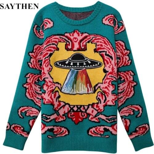 SAYTHEN 2021Women New Vintage Warm Thicken Sweaters UFO Clouds Jacquard Pullovers Winter Autumn Knitted Retro Loose Tops
