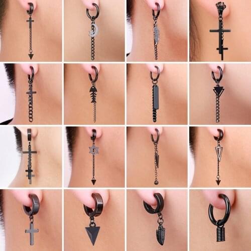 Unisex Cross Moon Star Leaf Stick Geometry Fish Bone Chain Hoop Drop Earrings Chic Man Titanium Steel Tassel Punk Party