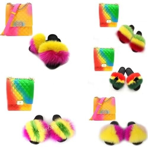 Ladies Fur Slippers Jelly Bag Purse Set Fluffy Fur Sandals Handbag with Slides Real Fox Fur Slides Female Shoulder Bag Wholesale
